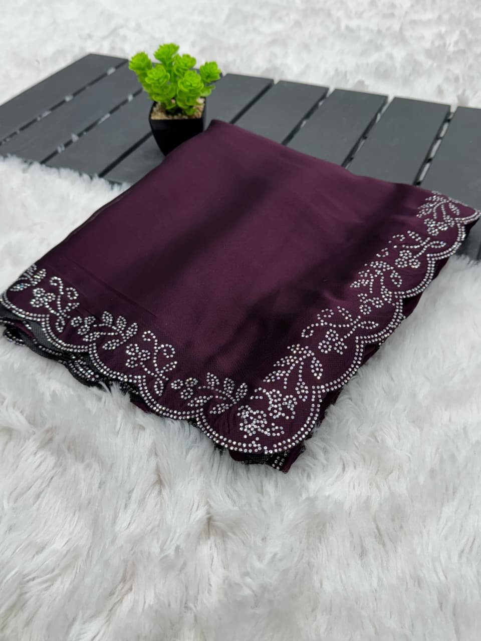 Black Ramgoli Shine Saree with Handmade Diamond Panel Work