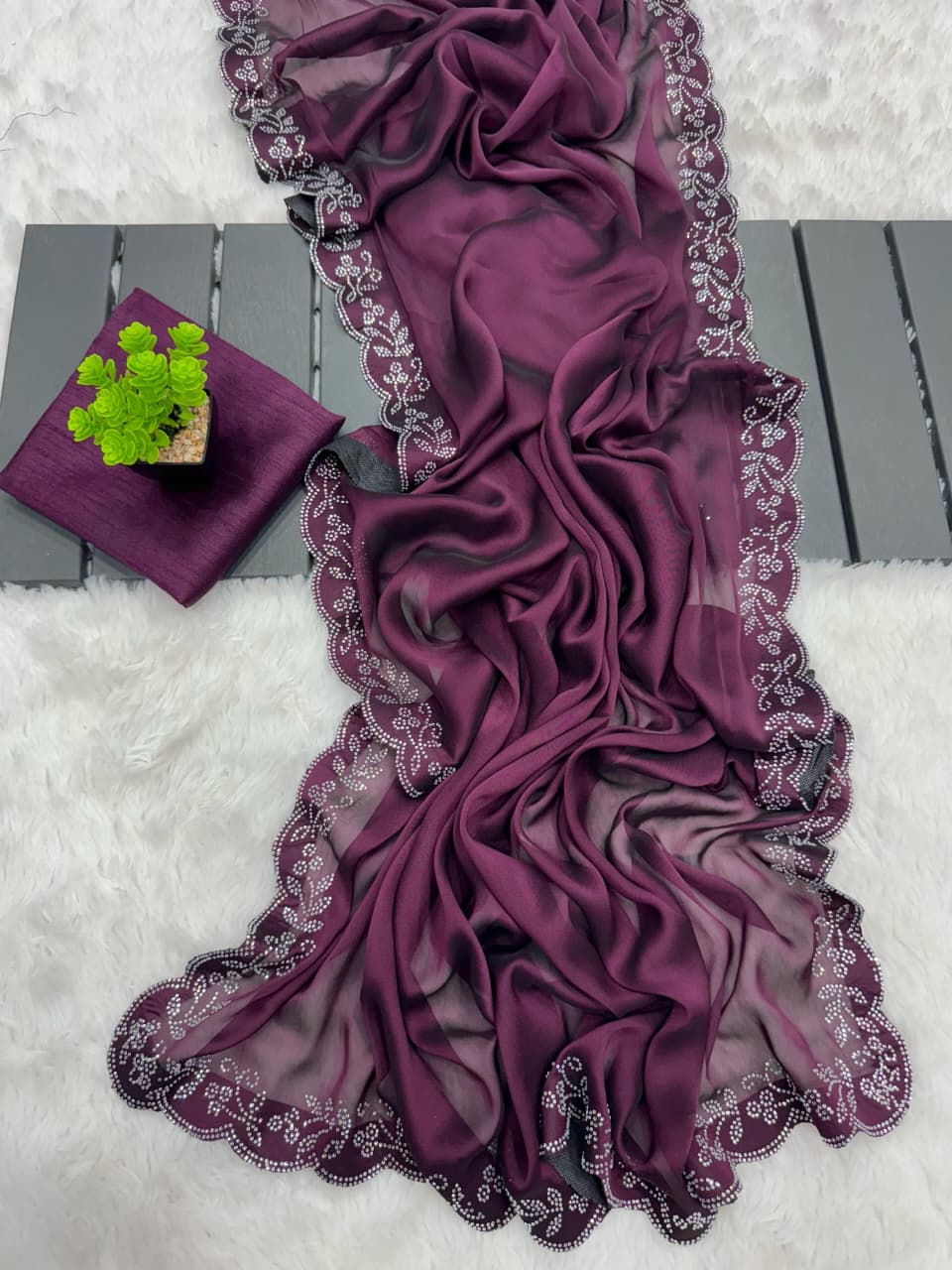 Black Ramgoli Shine Saree with Handmade Diamond Panel Work