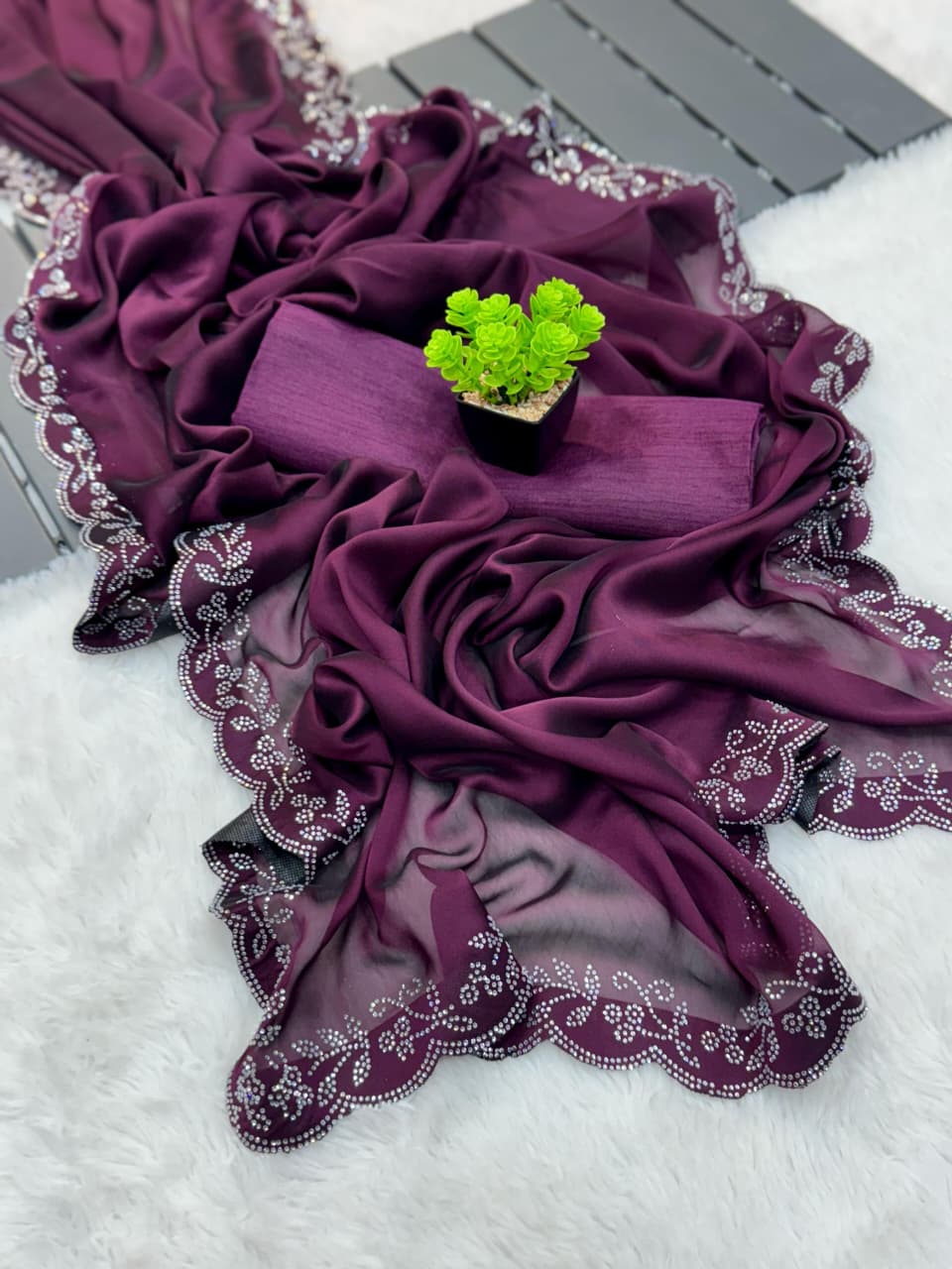 Black Ramgoli Shine Saree with Handmade Diamond Panel Work