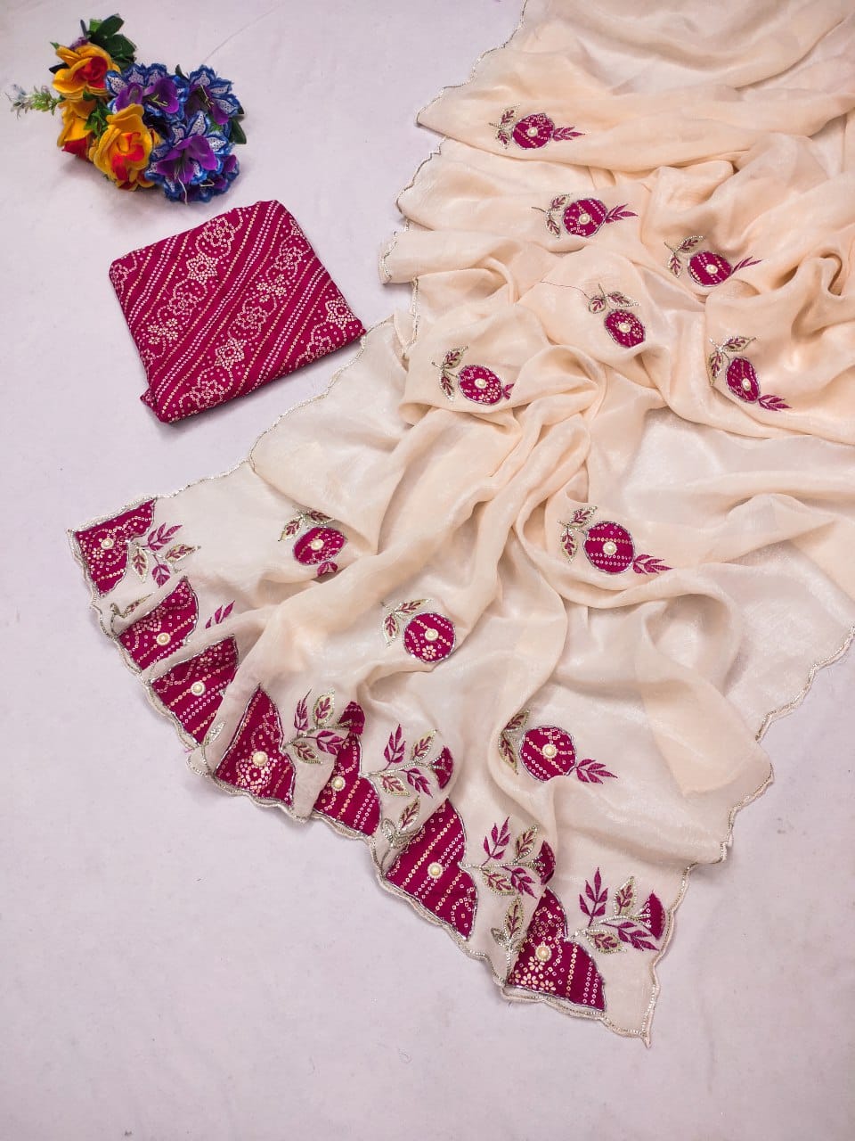 Elegant Handcrafted Designer Crunchy Chiffon Saree
