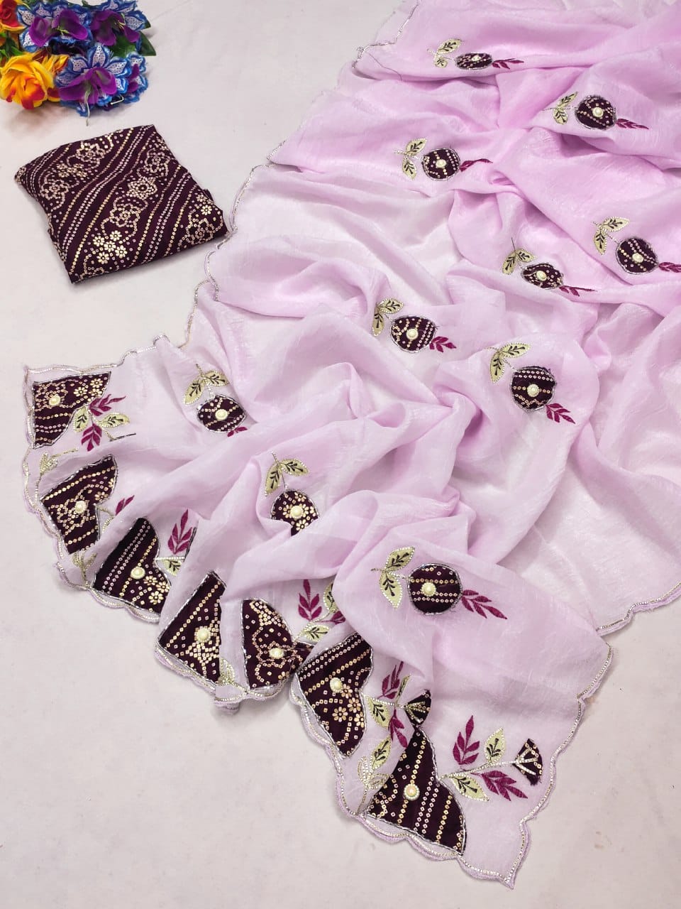 Elegant Handcrafted Designer Crunchy Chiffon Saree