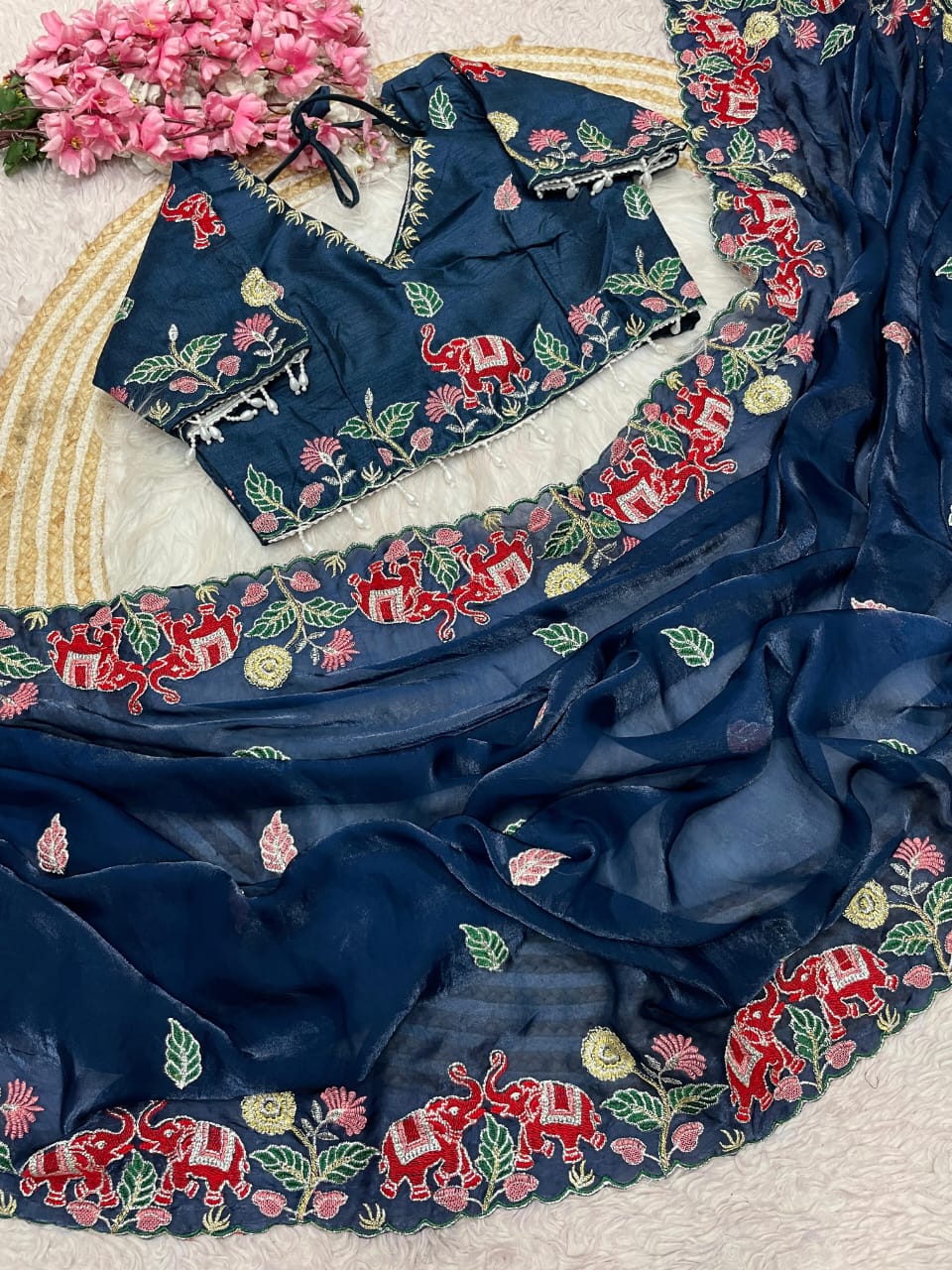 Royal Fendy Satin Embroidered Elephant Design Saree