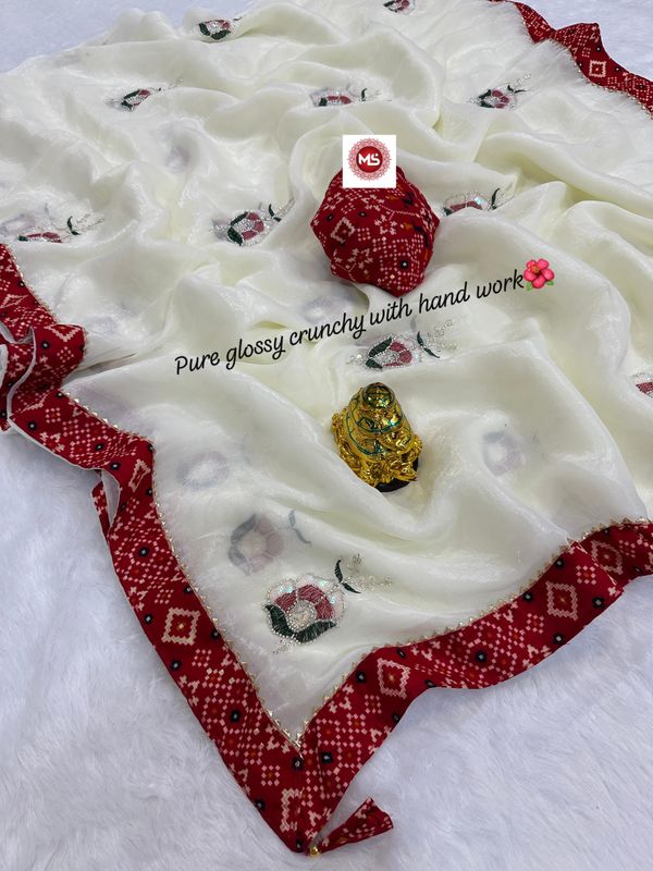Luxury Crunchy Silk Designer Saree with Cutdana Moti Handwork