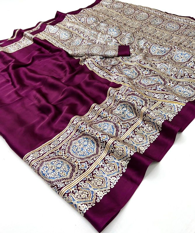 Premium Modal Satin Ajrakh Print Saree with Blouse