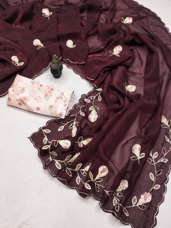 Premium Peach Butta Georgette Saree with Digital Print Riyon Blouse