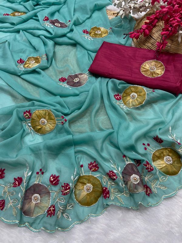 Premium Star Georgette Saree with Exquisite Handwork & Peach Butta