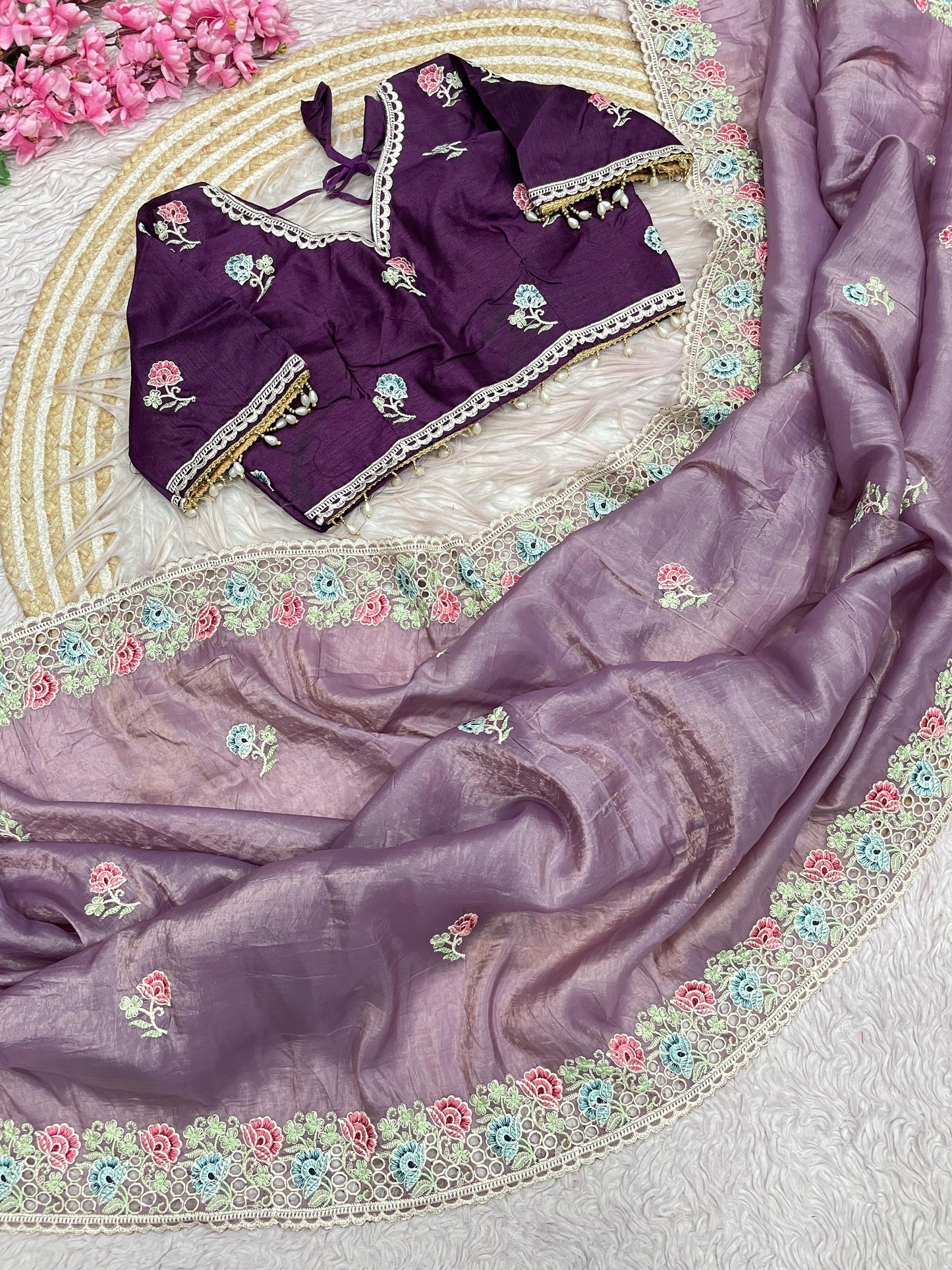 Premium Mono Banglori Saree with Multi-Thread Embroidery & Cutwork Border