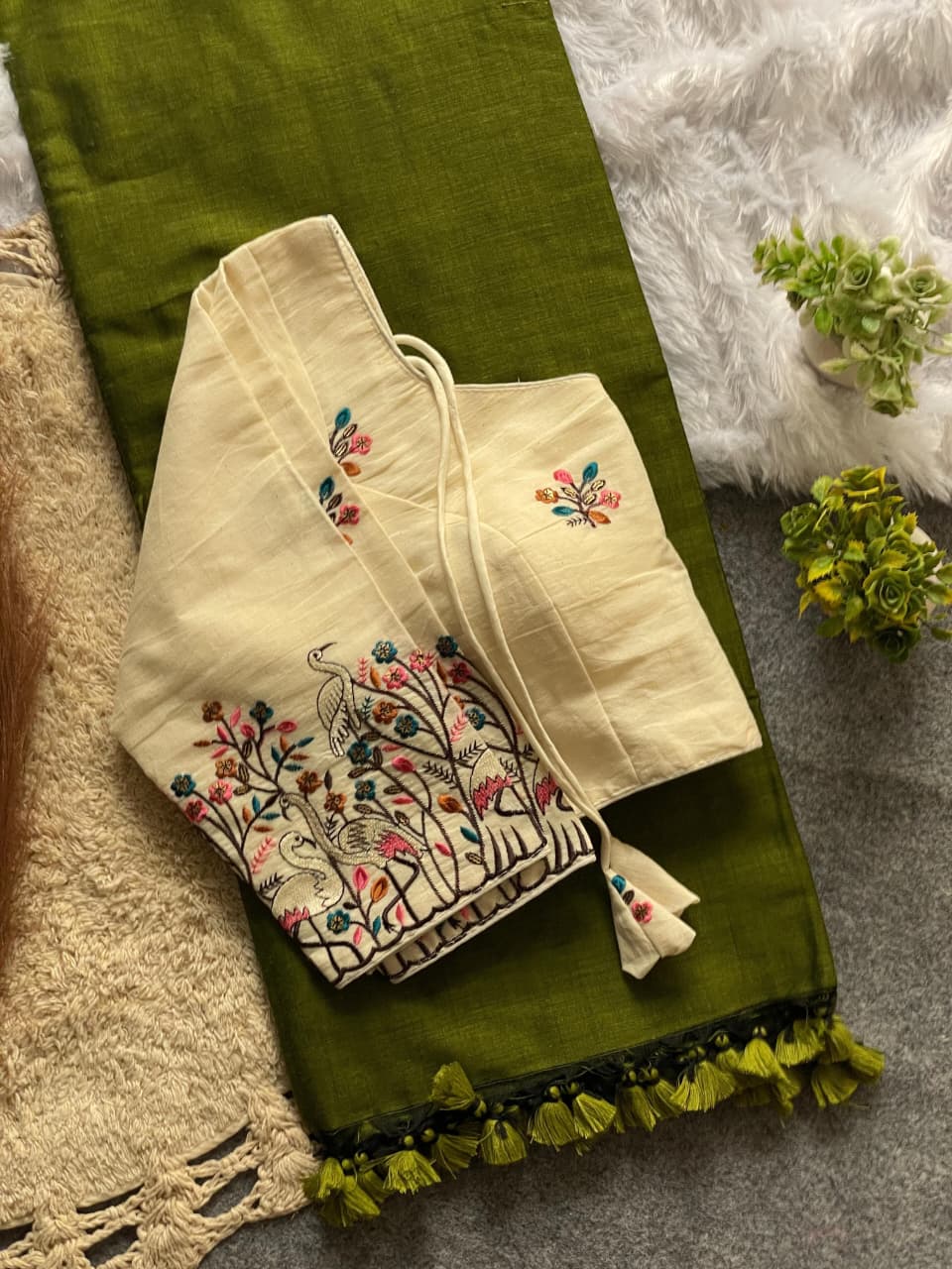 Elegant Khadi Cotton Saree with Premium Embroidery Stitched Blouse