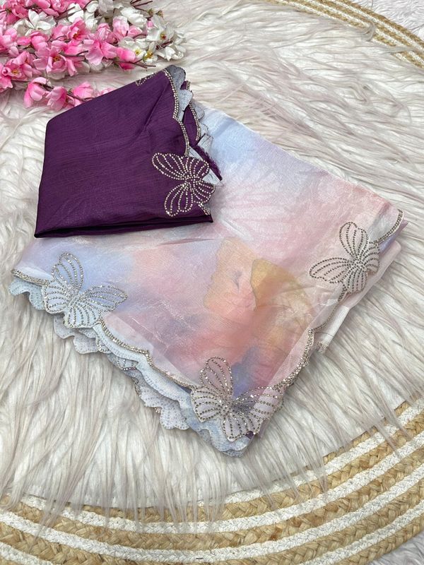 Premium Fandy Satin Digital Print Saree with Jarkan & Swarovski Work
