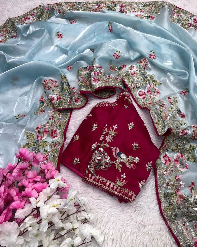 Soft Jimichu Silk Party Wear Saree With Multi Embroidery Work