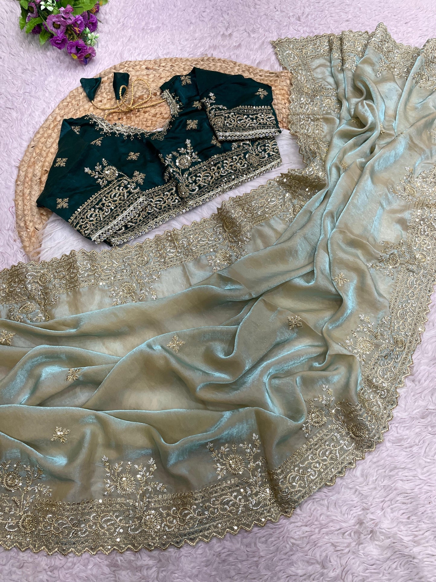 Premium Fendy Satin Saree with Multi-Sequence Embroidery Work