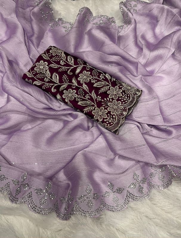 Moss Chiffon Saree with Siroski Sequence Border & Embroidery Blouse