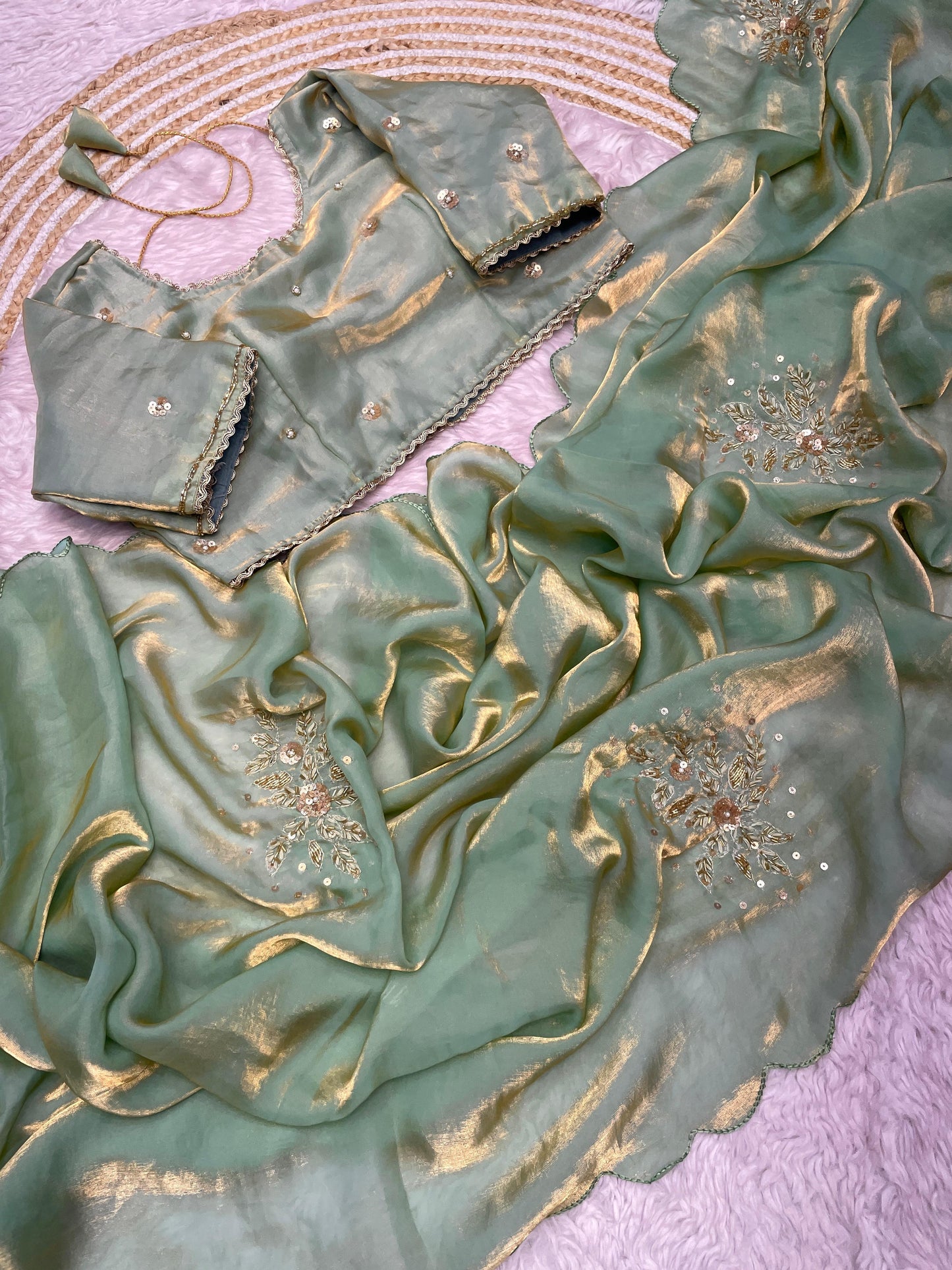 Premium Fandy Satin Saree with Khatli Handwork & Arco Border