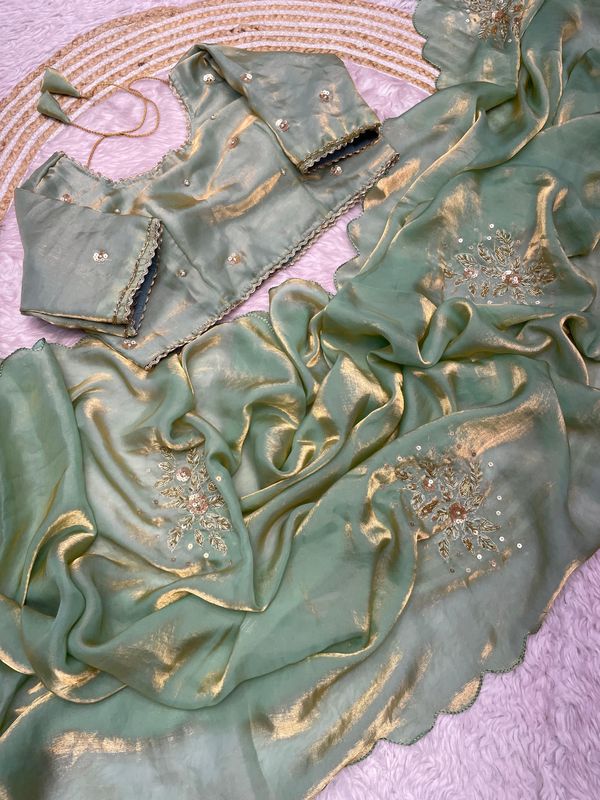 Premium Fandy Satin Saree with Khatli Handwork & Arco Border