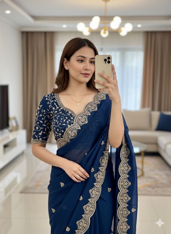 Premium Georgette Embroidery Saree – All Over Work