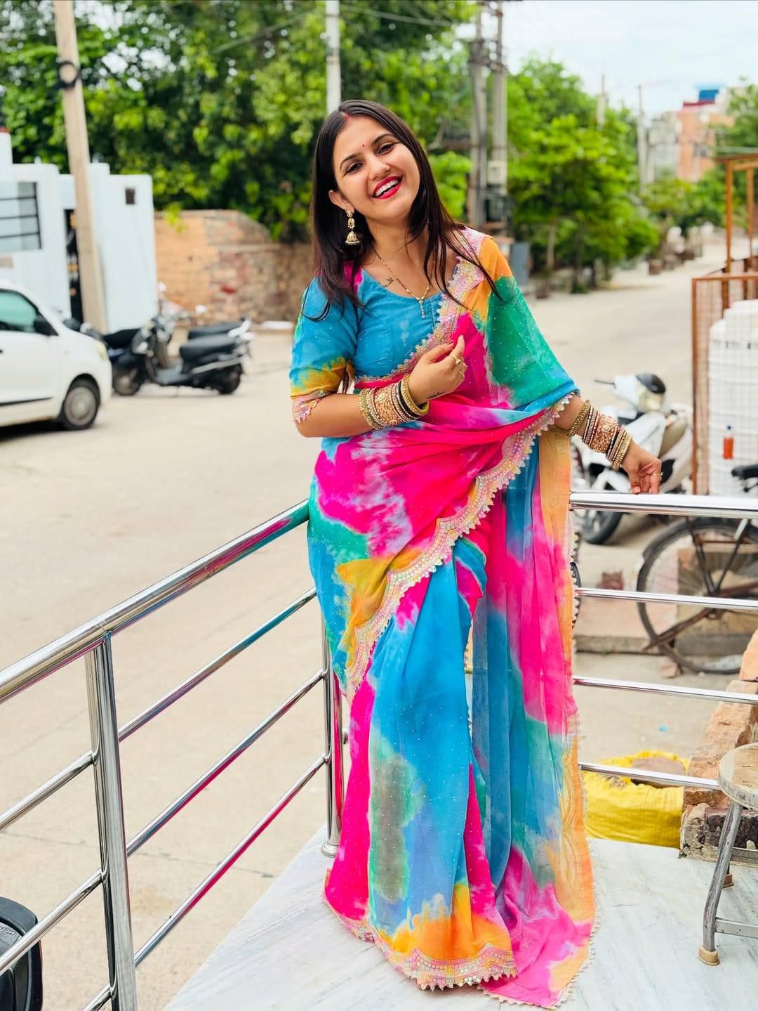 Premium Shibori Paint Chiffon Saree with Heavy Coding