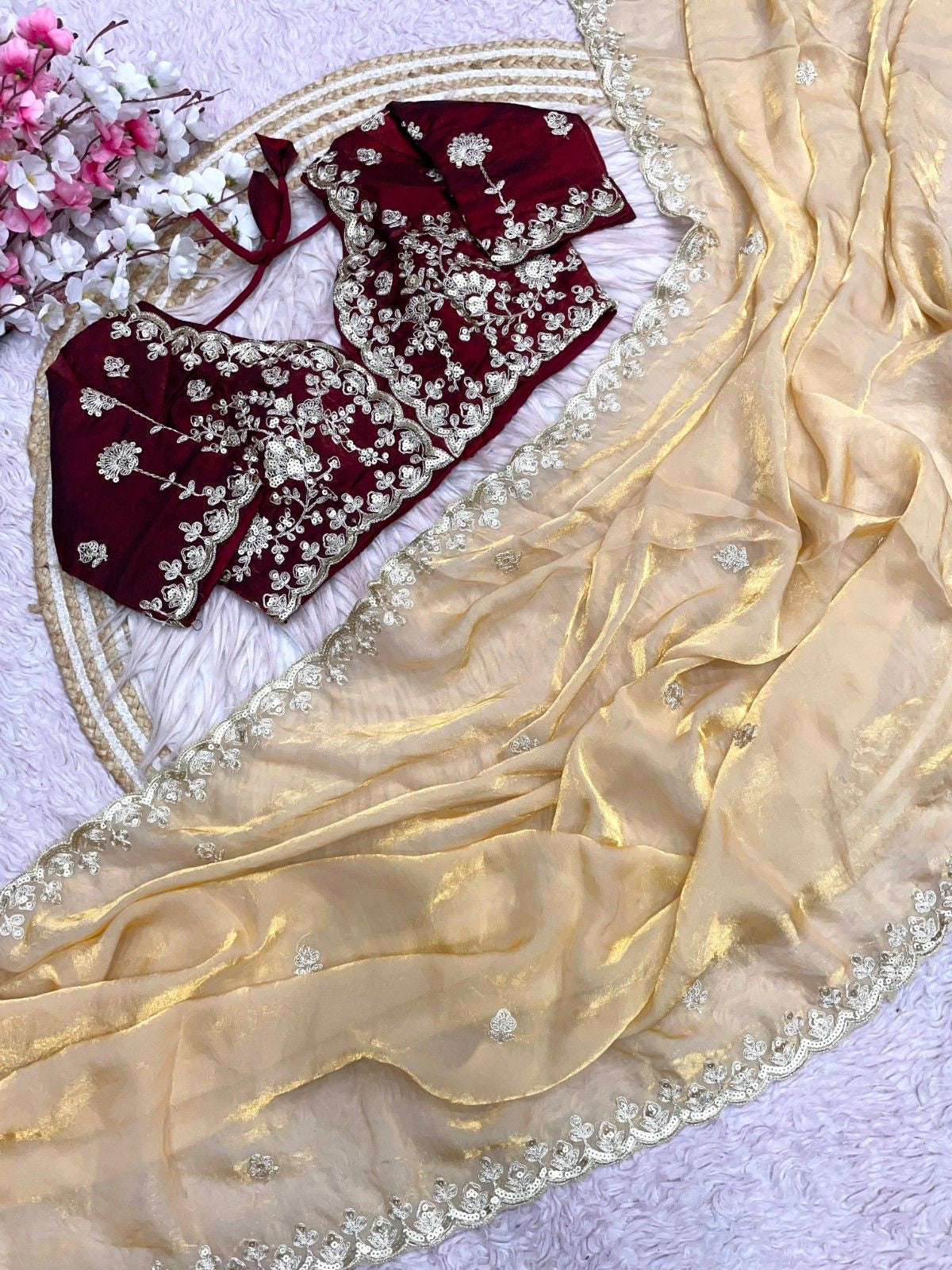 Premium Fendy Satin Silk Saree with Heavy Sequins & Coding Embroidery