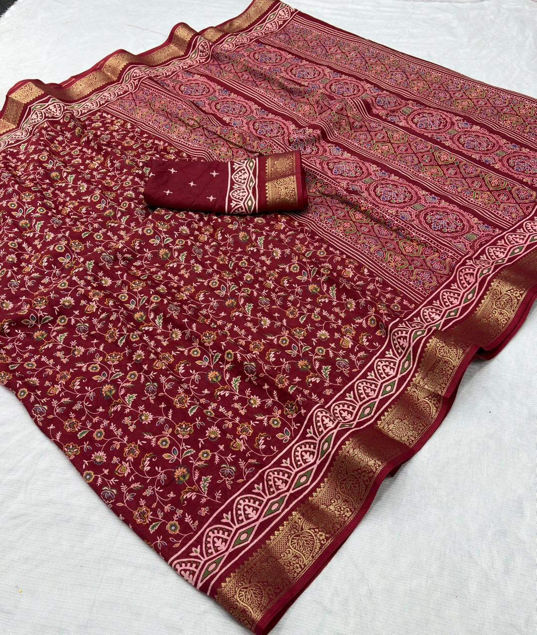 Premium Dola Silk Saree Printed All Over & Jekad Border