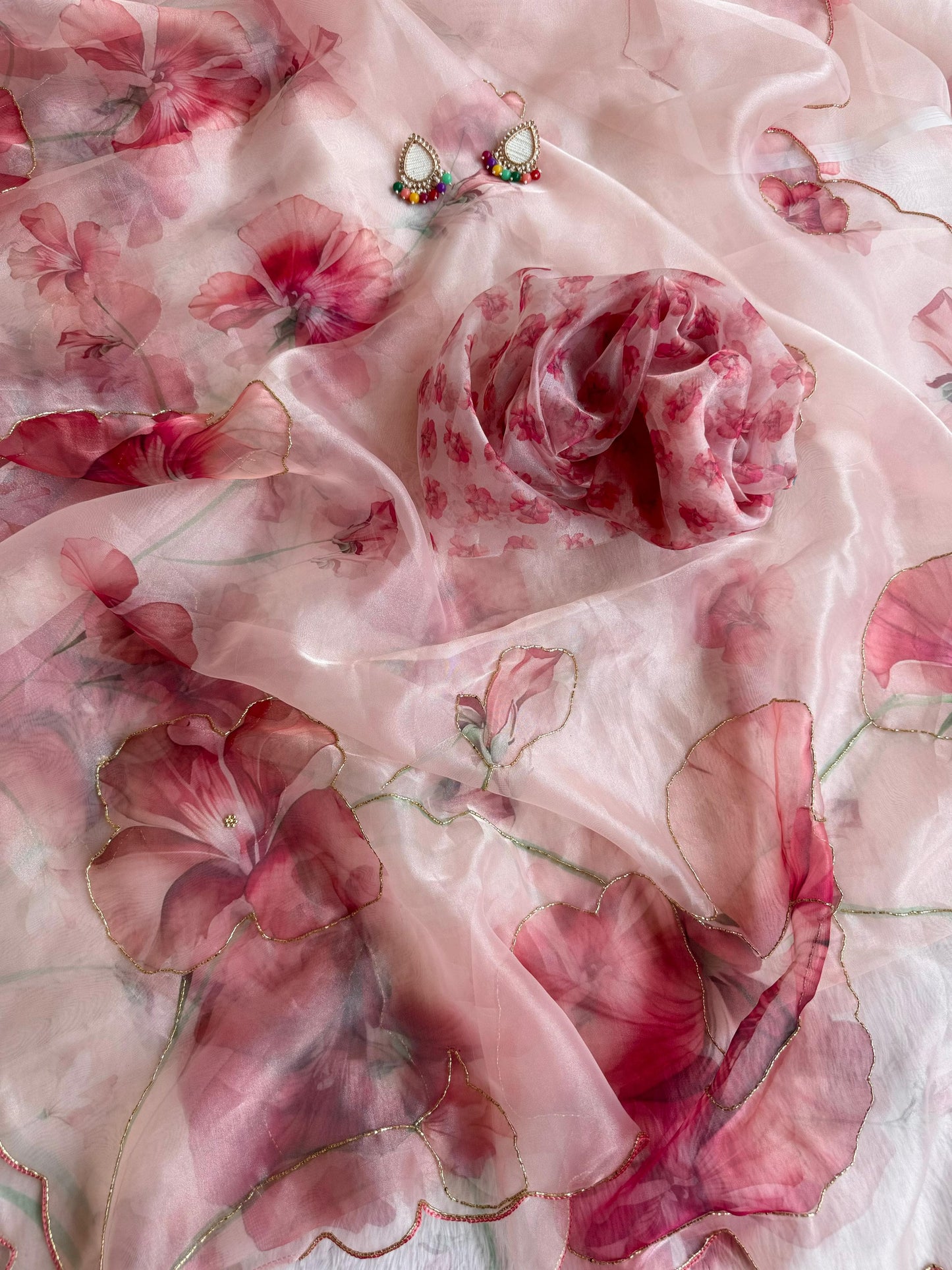 Premium Soft Organza Digital Print Saree with Moti, Aarka & Kardana Handwork