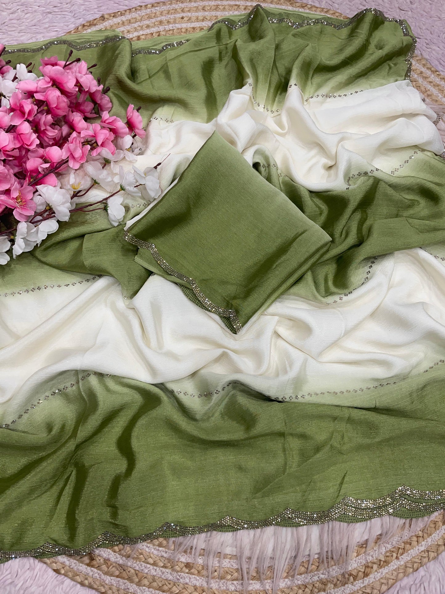 Premium Chinnon Saree with Exquisite Jarkan Work – Luxury Guaranteed