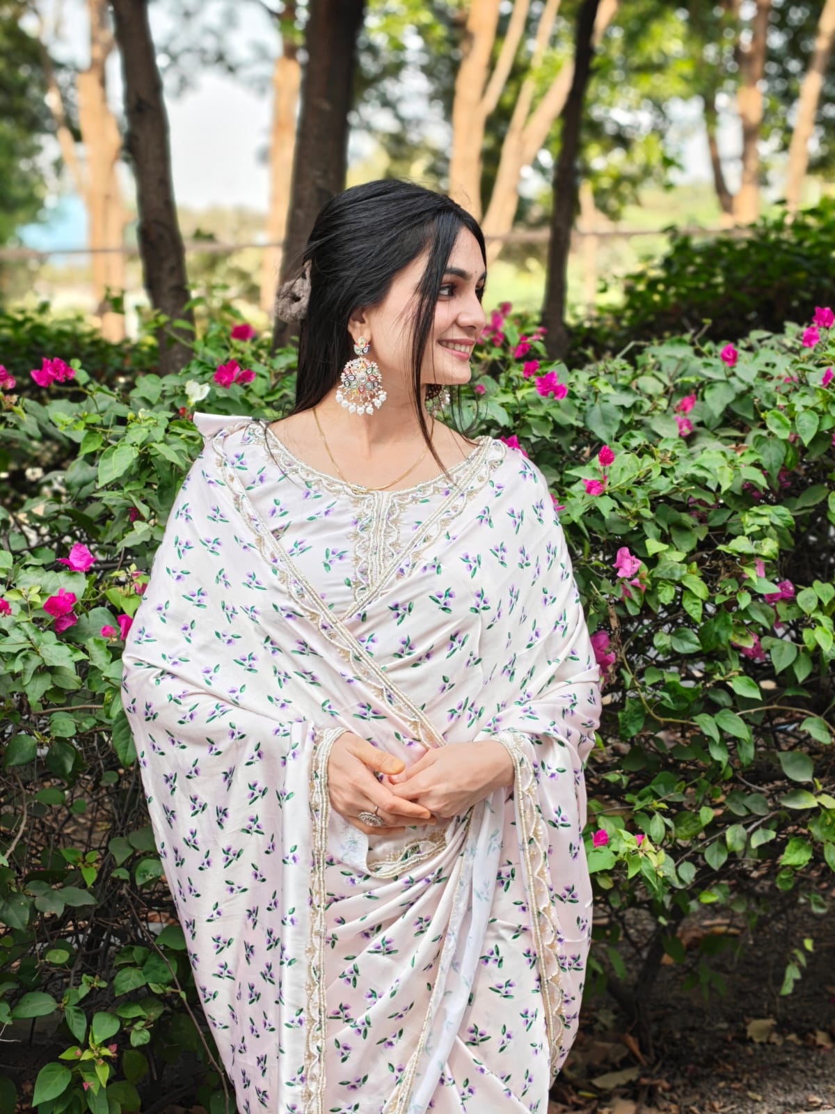Premium Japan Satin Digital Print Saree with Khatli Handwork & Arco Border