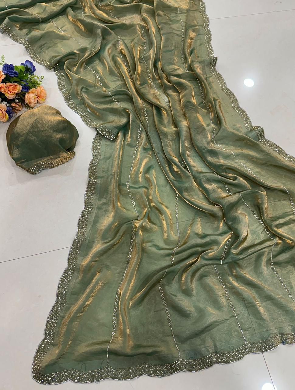 Premium Space Satin Soft Silk Saree with Jarkhan Work & Running Work Blouse