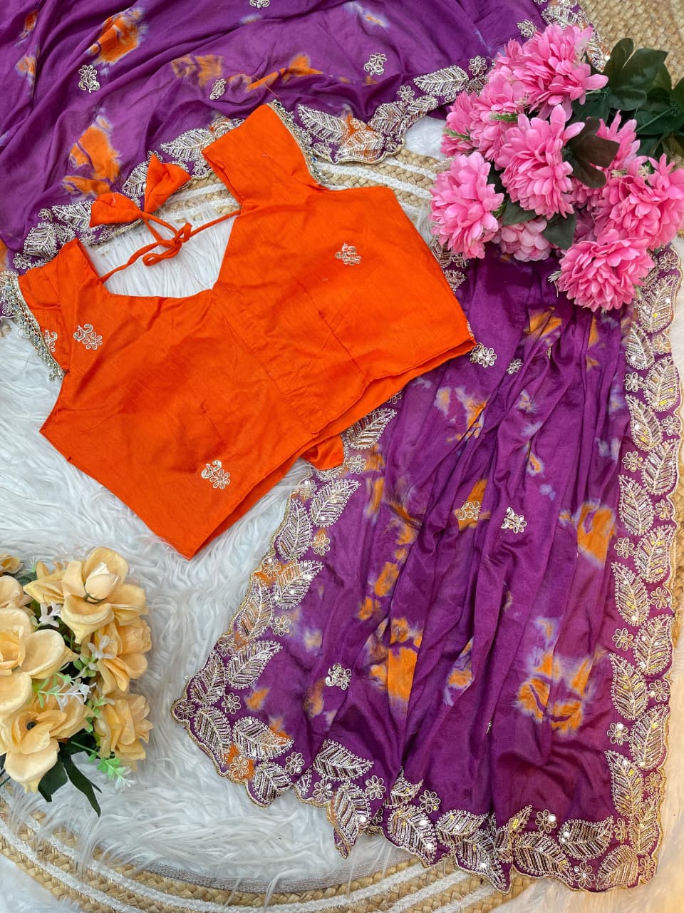 Pure Chinnon Prism Dyable Saree Heavy Embroidery & Sequin Work