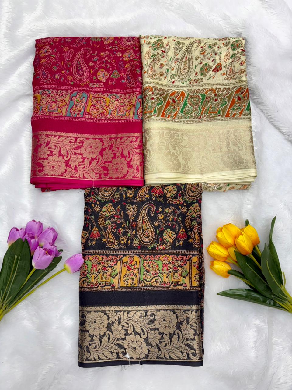 Premium Dola Silk Saree with Kalamkari Design & Jacquard Border
