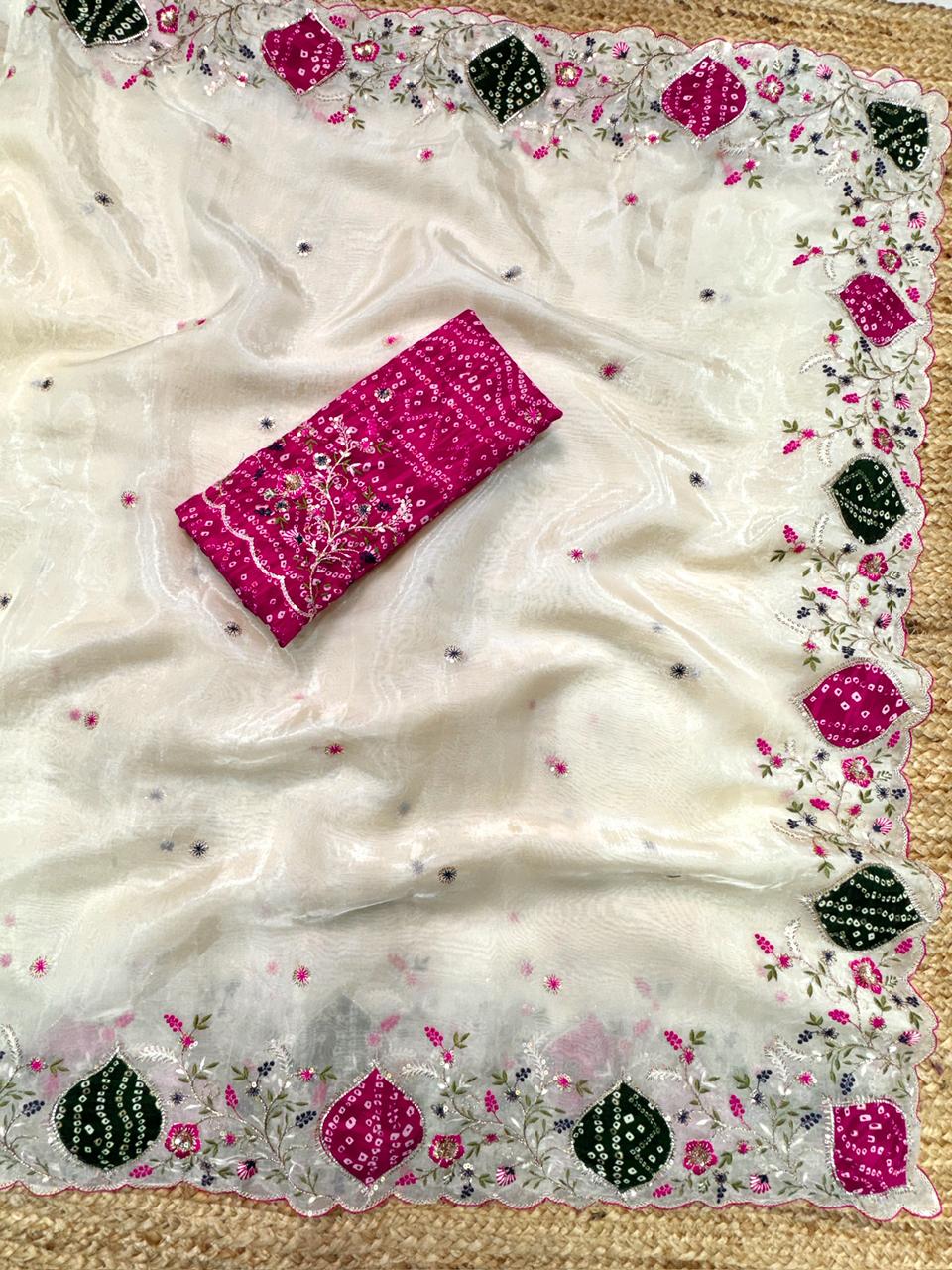 Pastel Perfection Crystal Tissue Saree with Zari Embroidery & Hand Applique Work