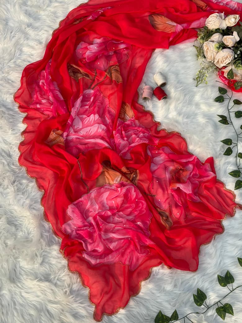 Pure Soft Alphino Chiffon Saree with Digital Print & Heavy Handwork Khatli