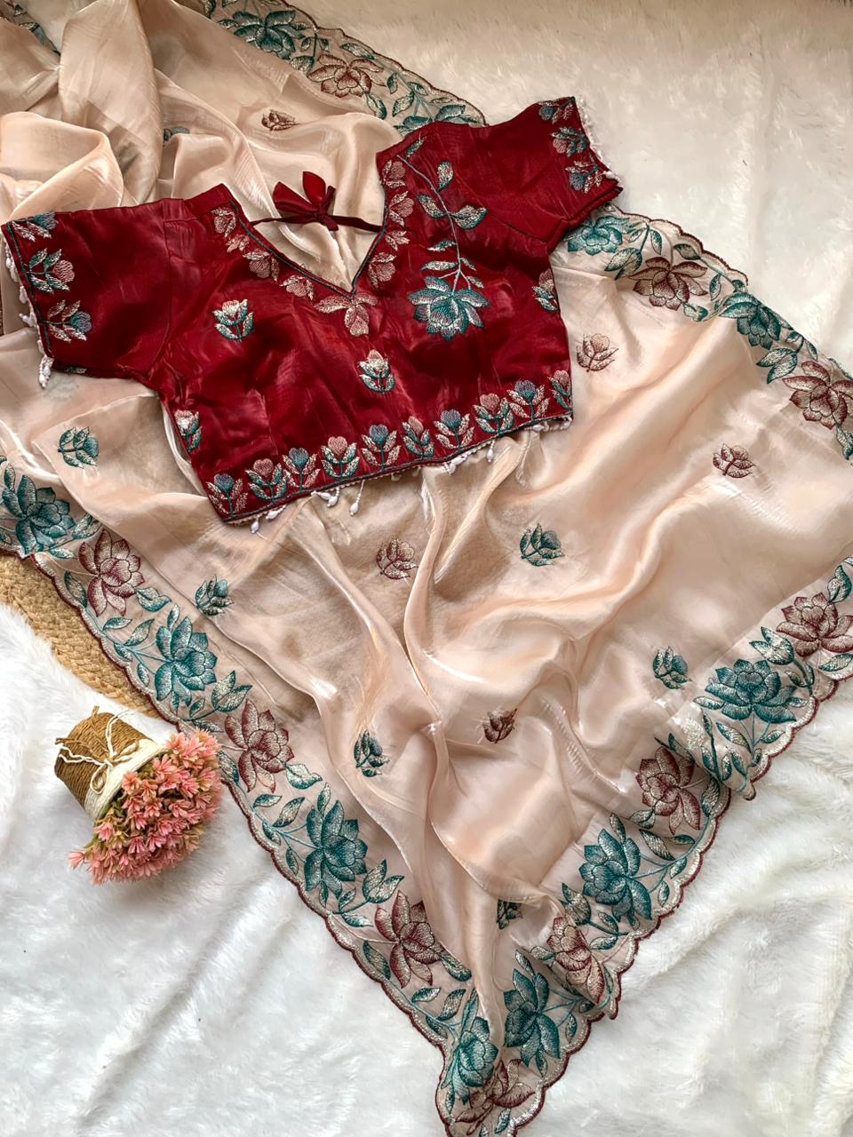 Soft & Rich Fendy Satin Saree with Heavy Embroidery Border & All-Over Work Buttis