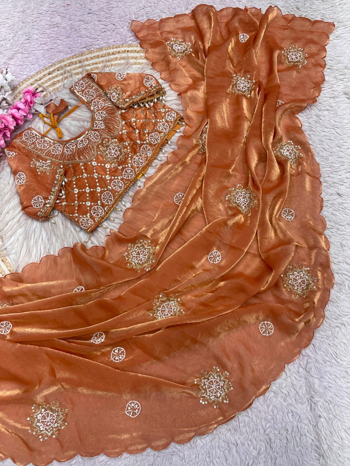 Fandy Satin Saree with Khatli Butti Work & All-Over Arco Border