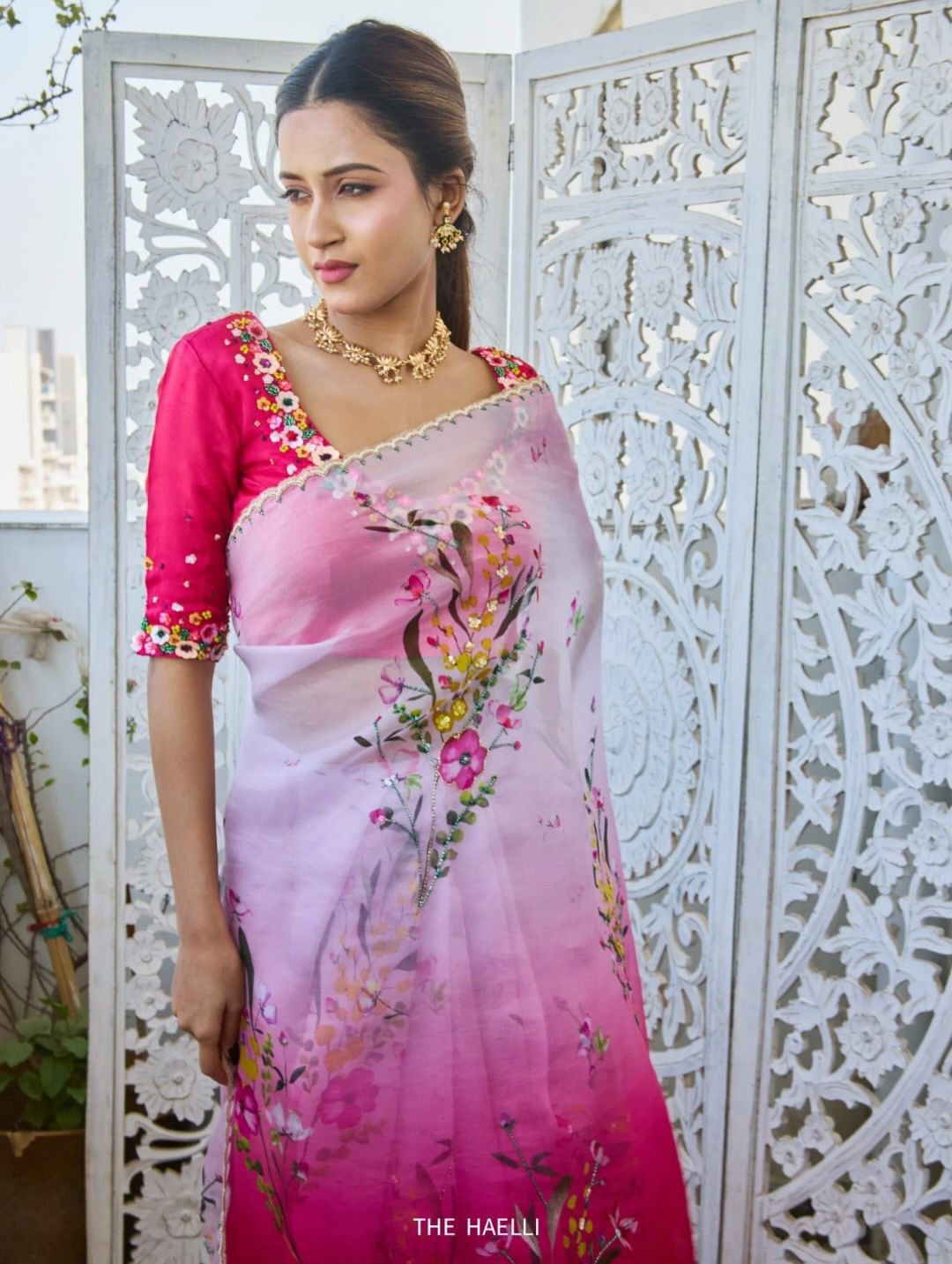 Soft Tebby Silk Saree with Floral Print Beads Sequins & Katdana Handwork Border