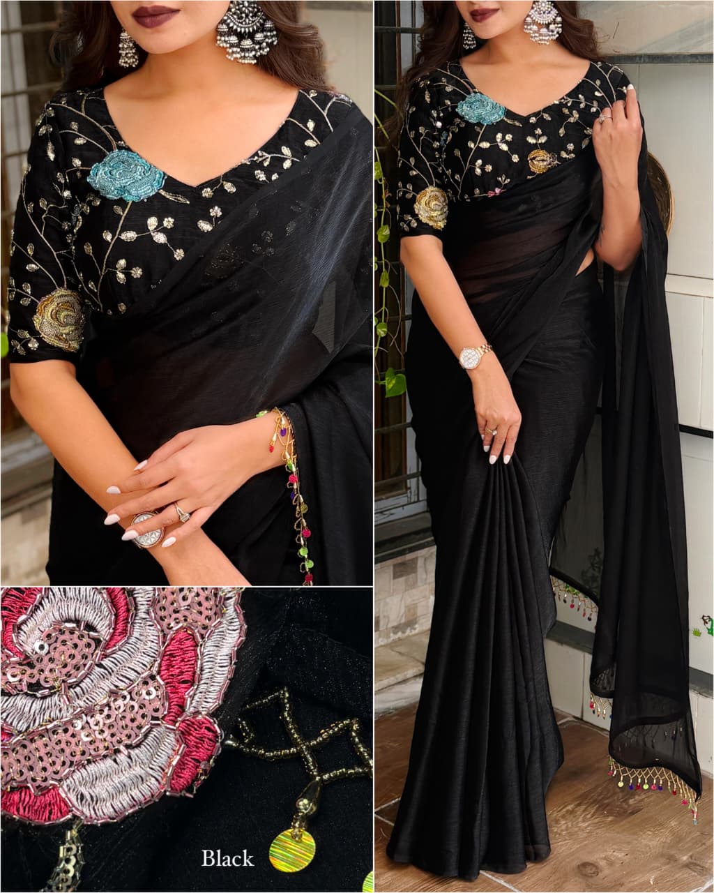 GenZ Fandy Chiffon Saree with Hanging Sequin Beads Tassel Pallu