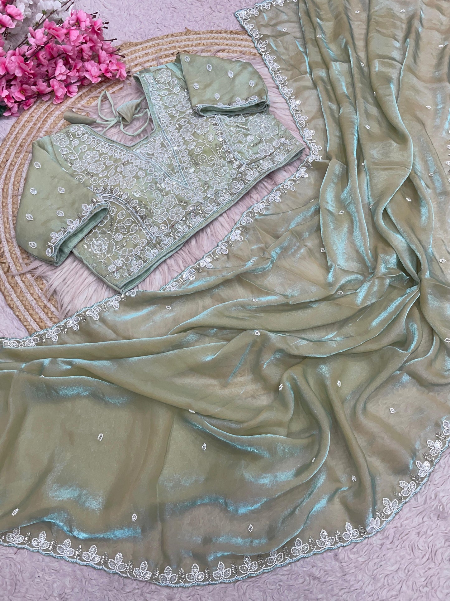 Fandy Satin Saree with Sequin Brits C-Pallu Work & All Over Aari Border