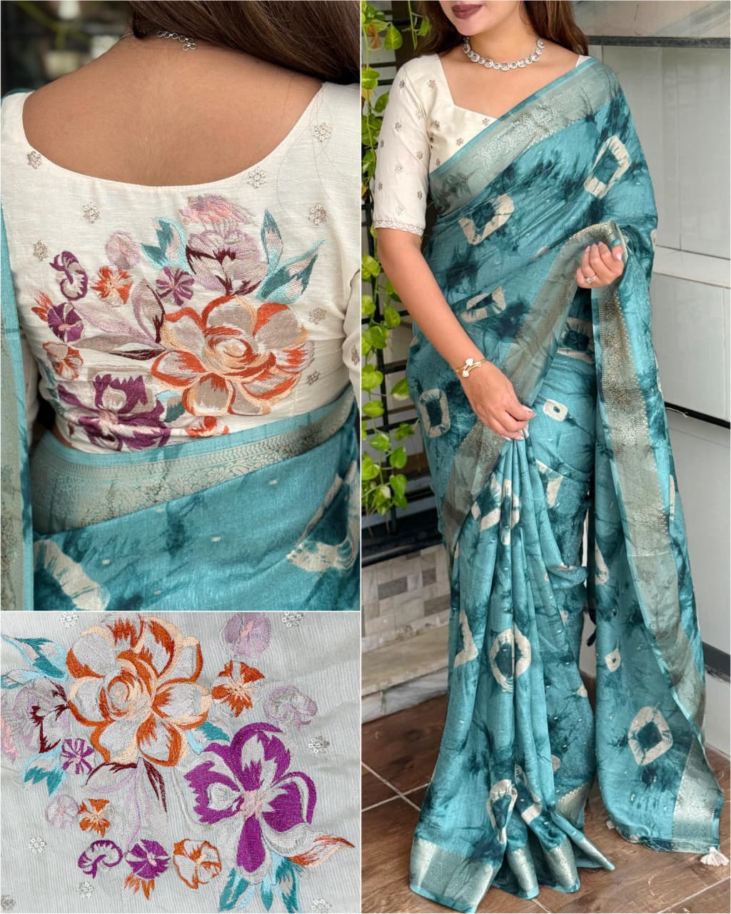 Premium Shibori Art Viscose Cotton Saree with Designer Embroidered Blouse
