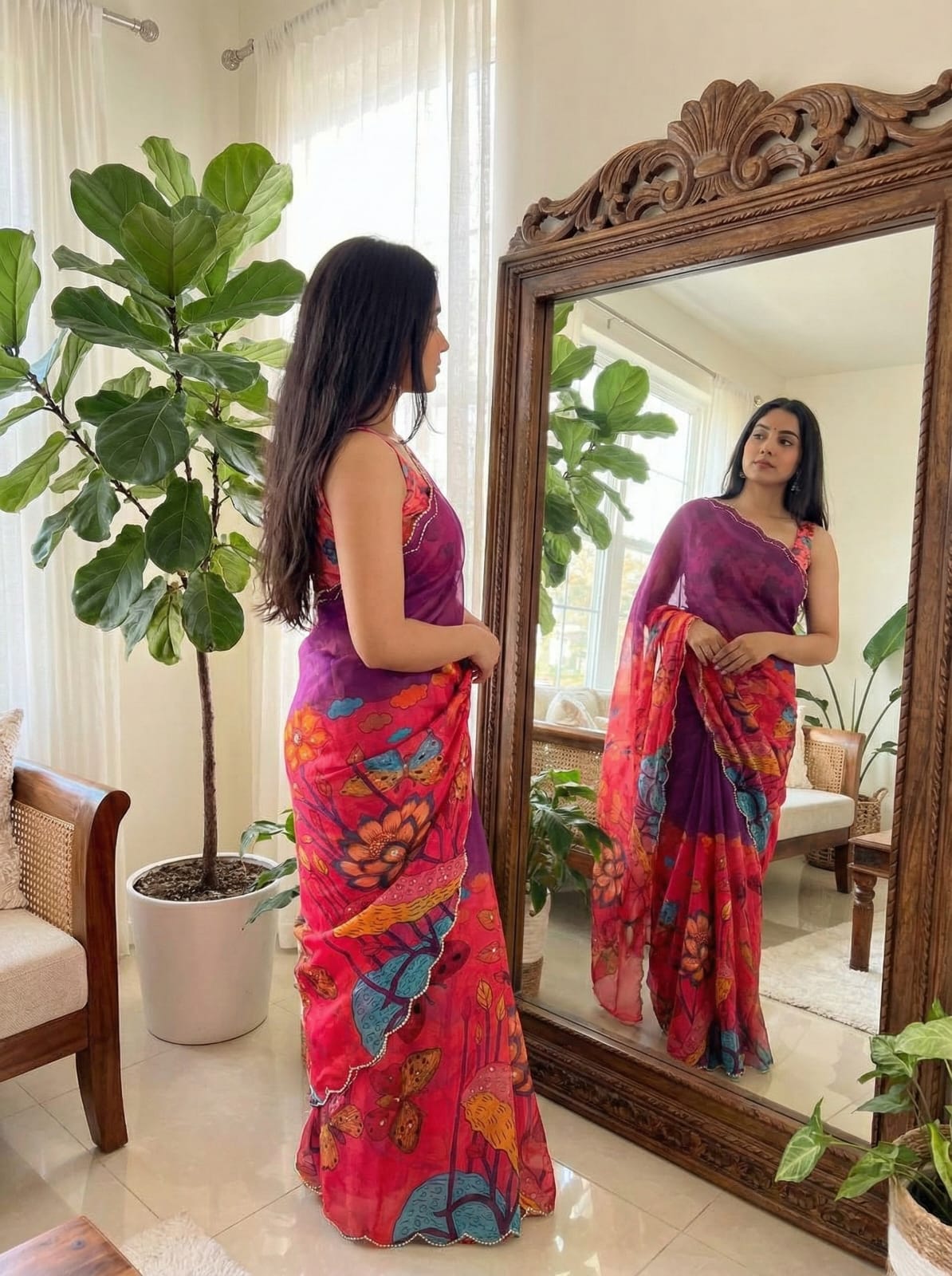 Teby Silk Saree with Butterfly Digital Print & Cutdana Khatli Work Border ✨