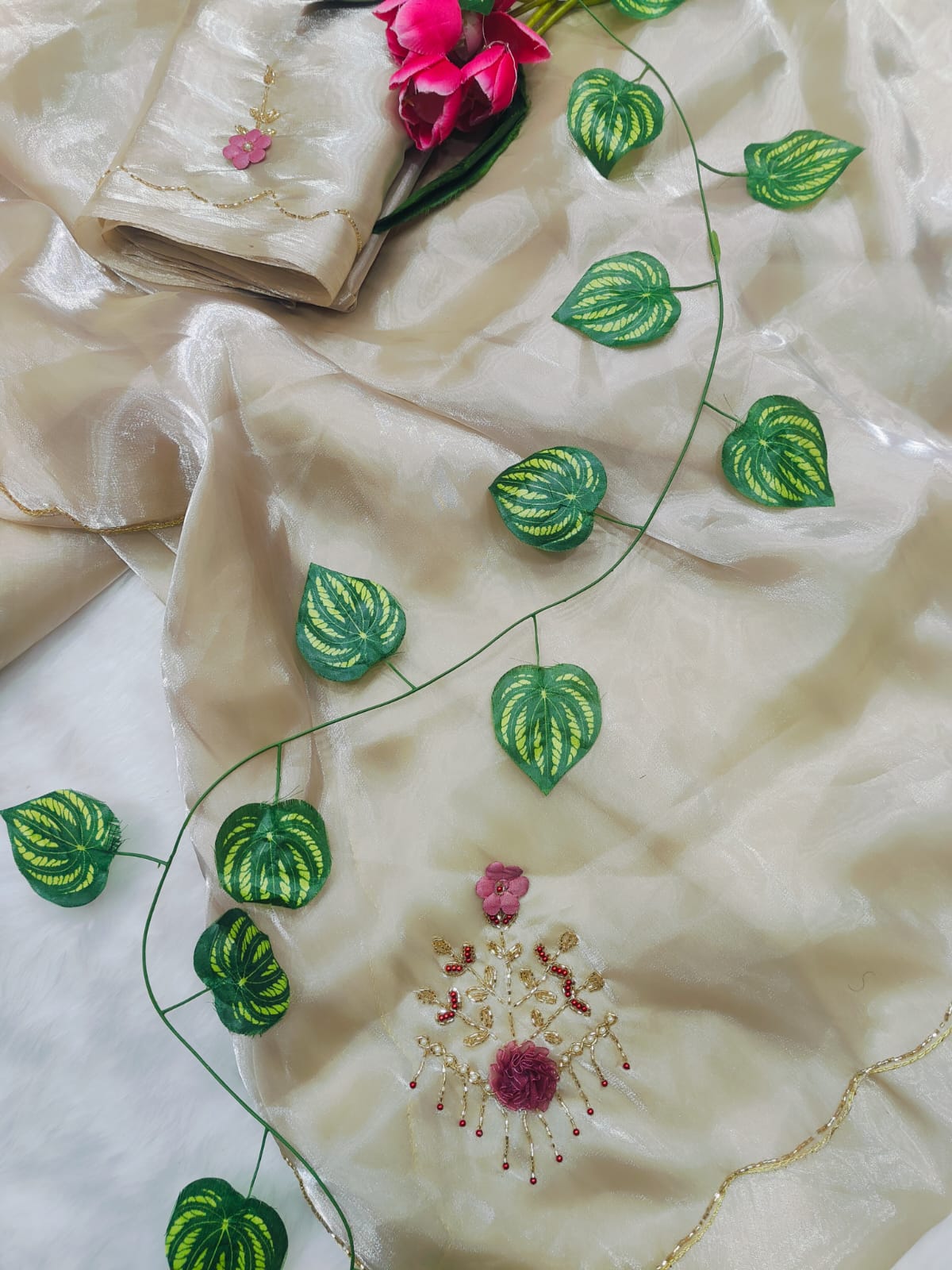 Premium Beige Jimichu Silk Saree with Cutdana & Sequin Butta Design