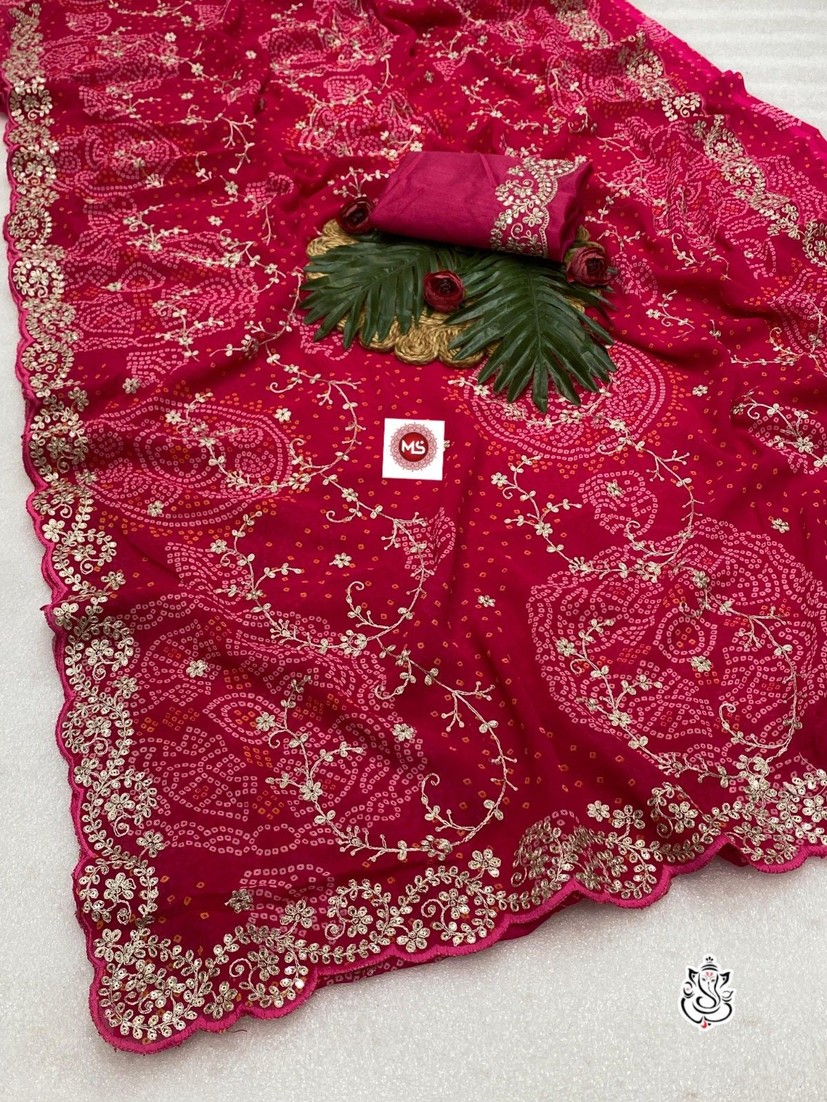 Exclusive C by C Bandhej Print Saree with Zari Embroidery & Cutwork Border
