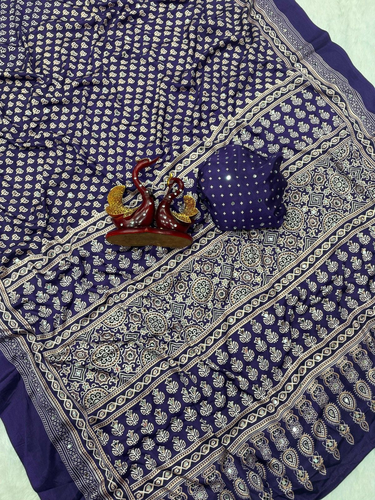 Trendy Soft Crepe Silk Ajrakh Saree with Real Mirror Work