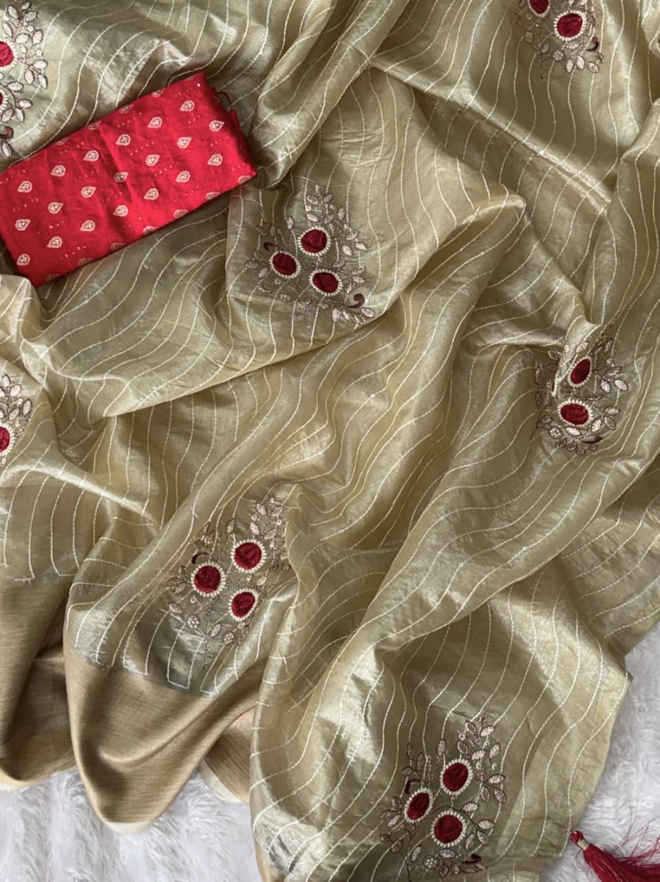 Golden Glow Tissue Silk Saree with Blade Cut Work & Jacquard Blouse