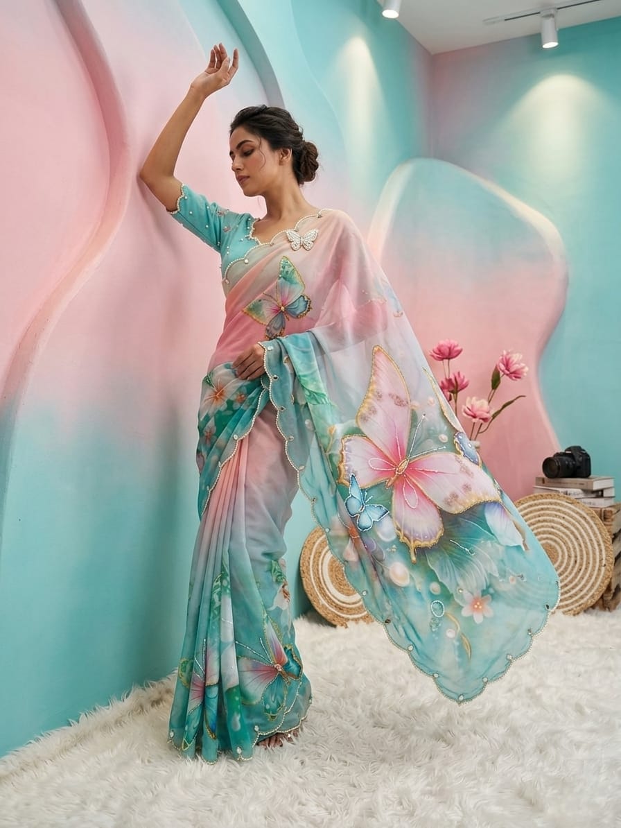 Premium Georgette Silk Saree with Butterfly Print Khatli Moti Handwork Blouse