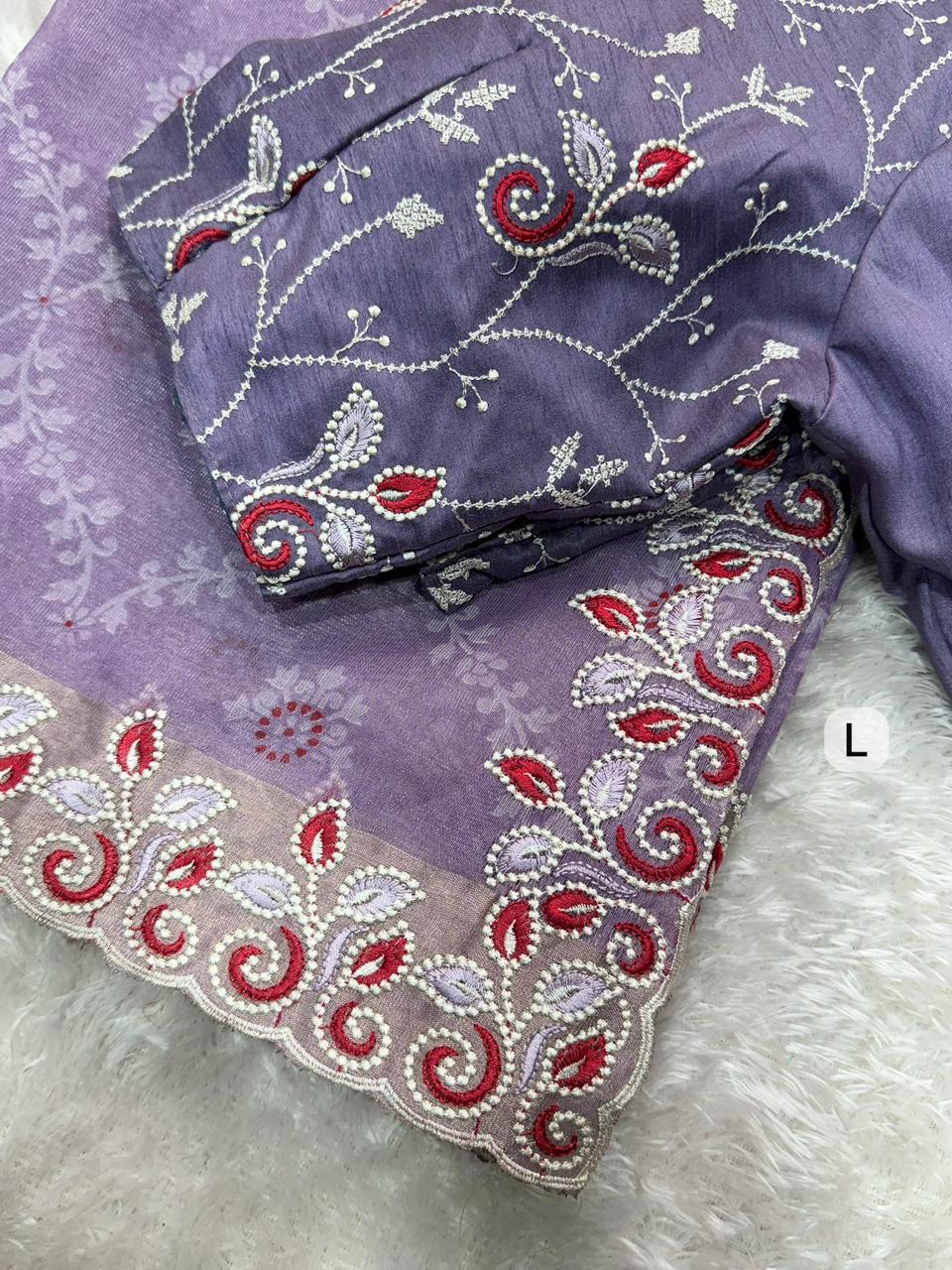 Elegant Cotton Satin Saree with Thread Embroidery & Bandhej Print