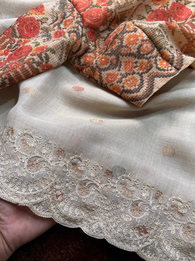 Elegant Linen Cotton Saree with Zari Weaving & Digital Print Blouse