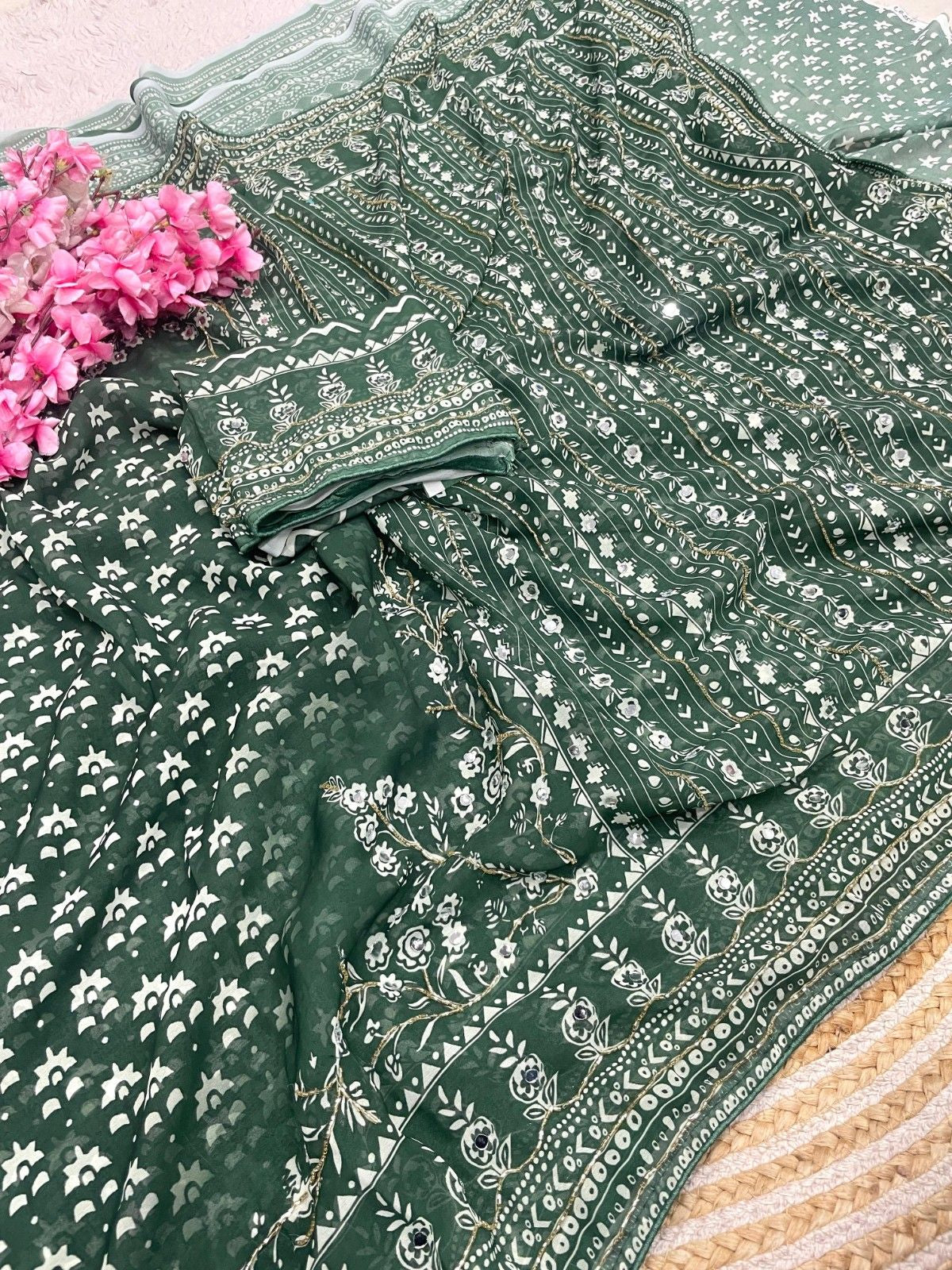Celebrity Style Designer Georgette Saree with Mirror Work