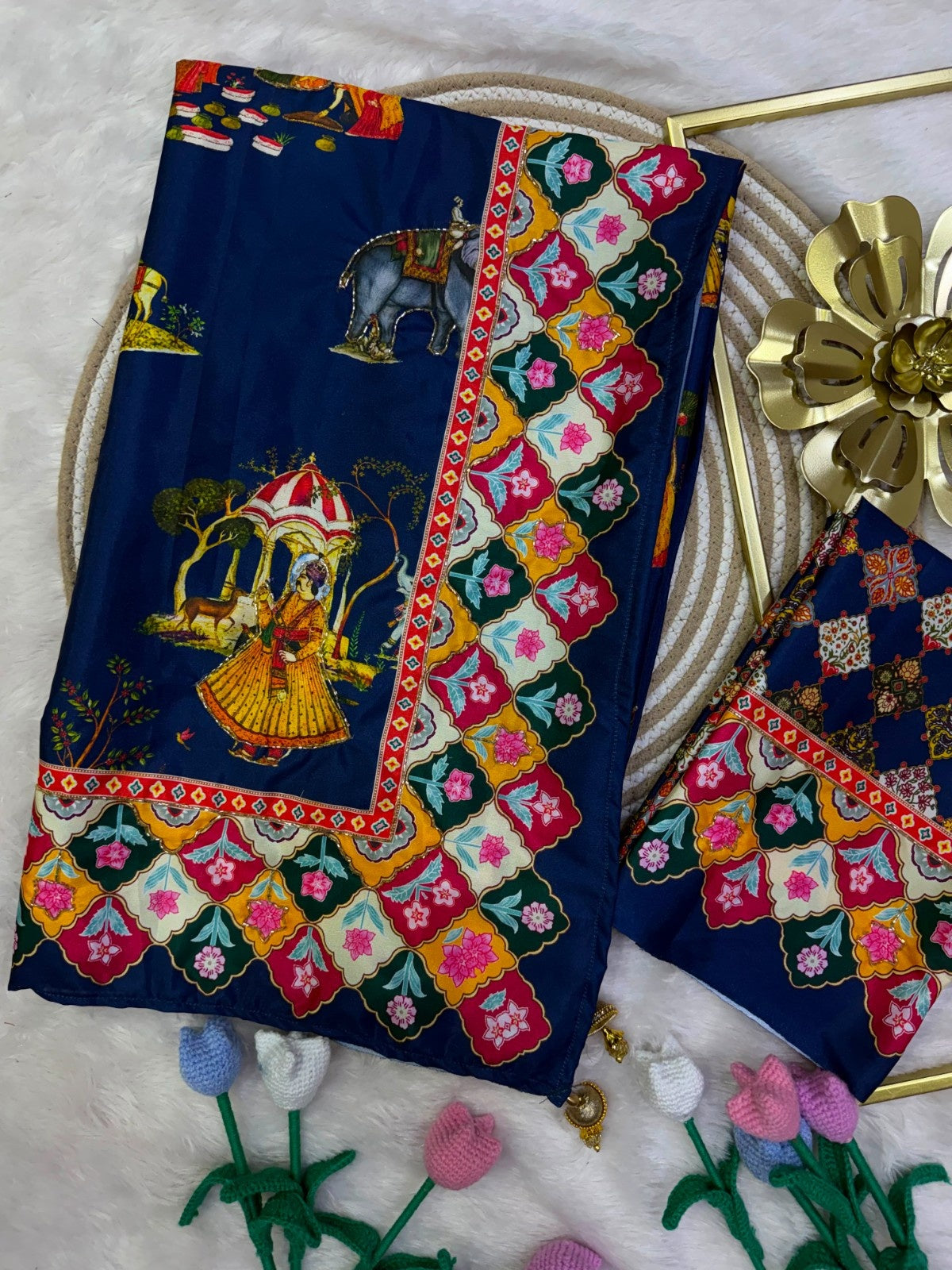 Premium Soft Crepe Satin Pichwai Print Saree with Katdana Handwork & Fancy Tassel Pallu