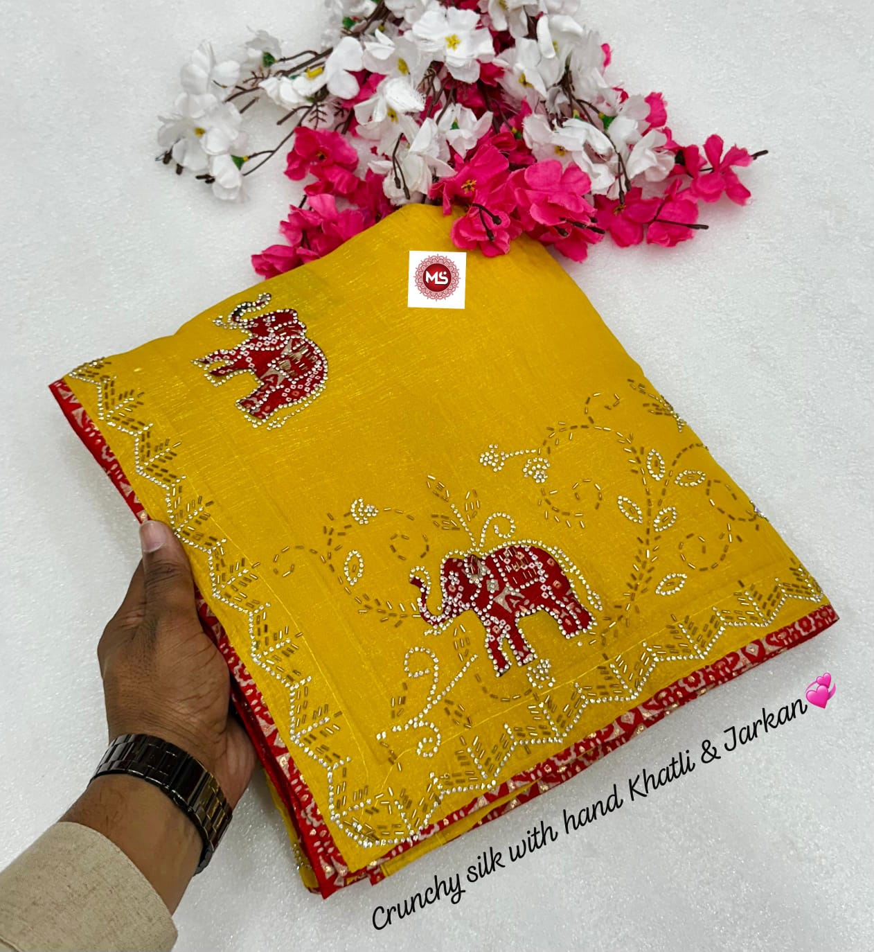 Premium Crunchy Silk Bandhani Designer Saree with Cutdana, Moti & Jarkan Handwork