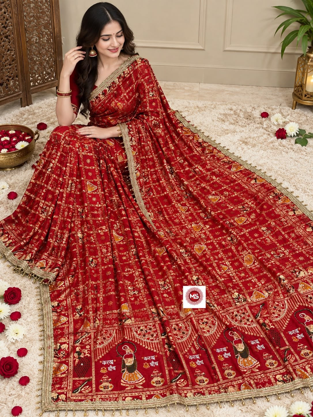 Karwa Chauth & Teej Special ✨ | Dola Viscose Meena Saree with Handwork & Mirror Work