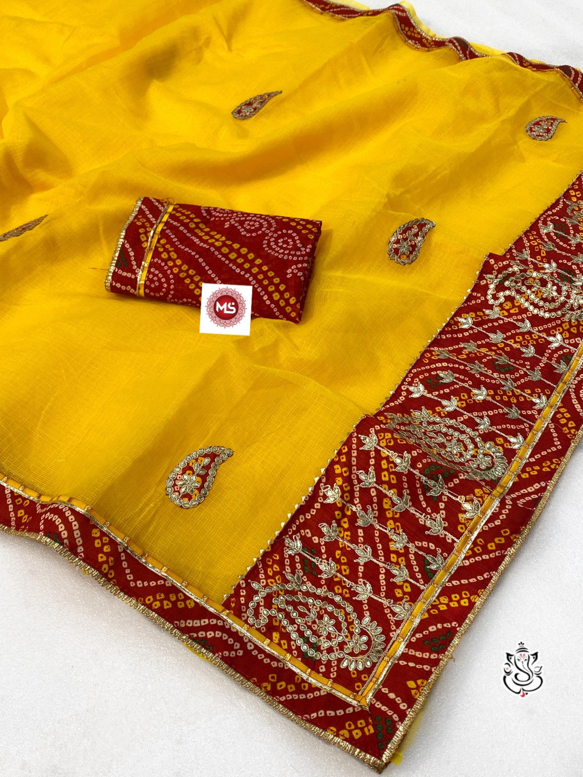 Traditional Kota Doriya Cotton Silk Saree with Bandhej & Gotta Patti Border