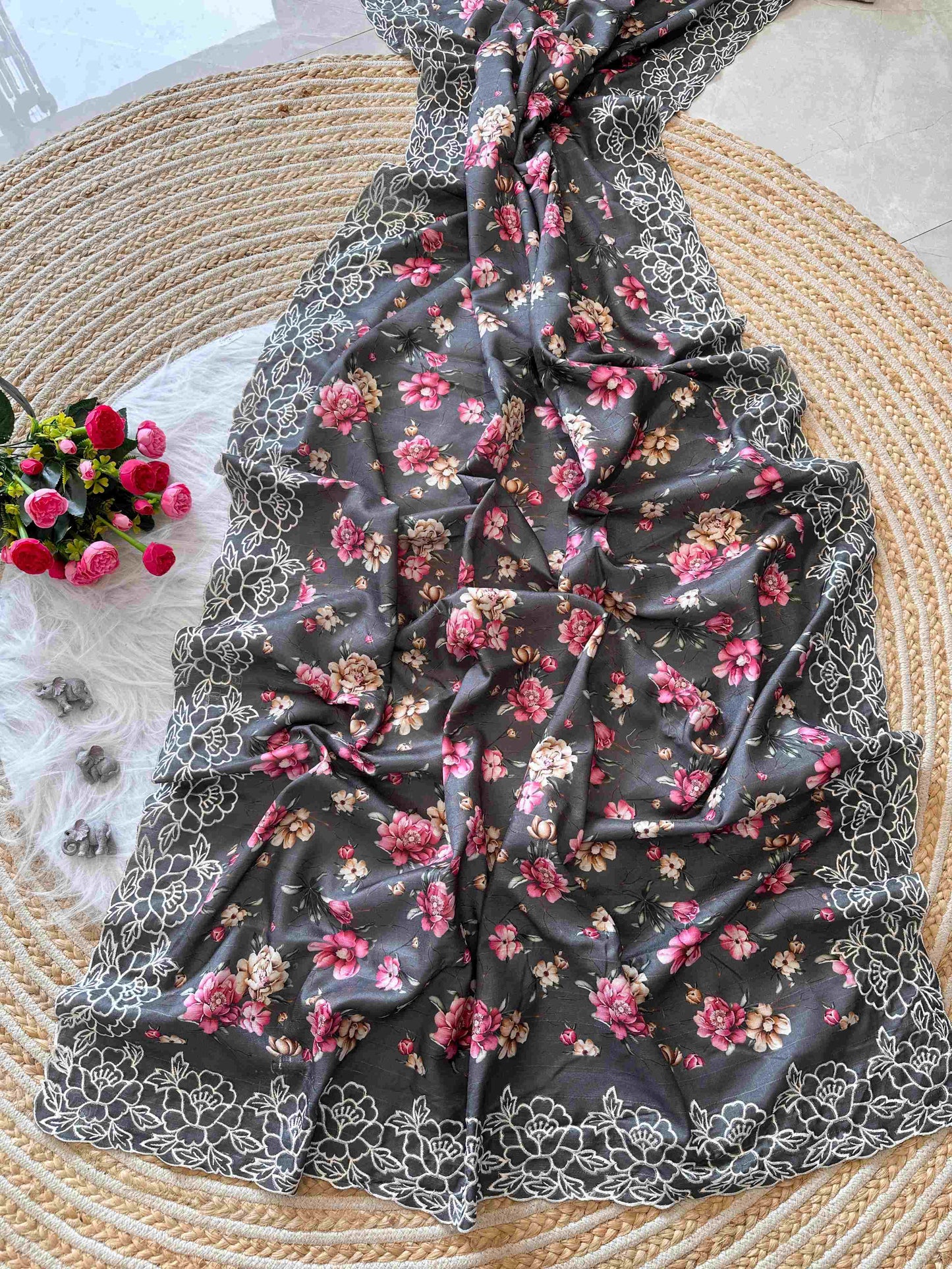 Tussar Silk Saree With Floral digital print With Lucknowi Thread Chikankari zari work paired